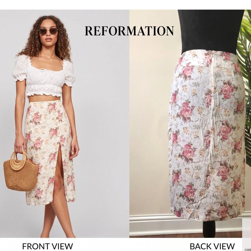 NWOT Reformation Rose Floral Front Slit Midi Skirt Ivory 6 Skirt